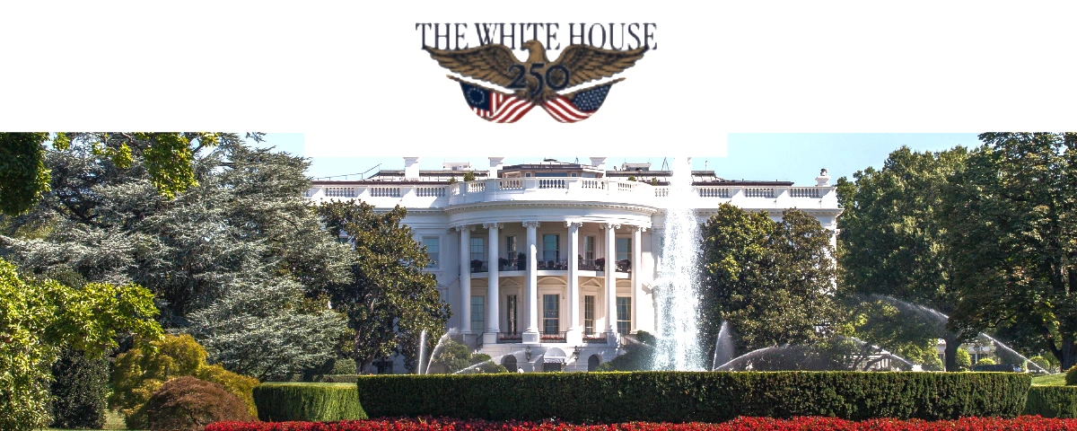 A daytime view of the White House in Washington, D.C., with the South Lawn fountain in the foreground and the White House logo positioned above the building.