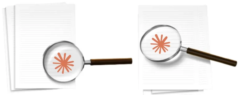 Two magnifying glasses examining stacks of lined paper, with the Claude logo visible through each lens, illustrating Claude watermark detection in AI-generated text