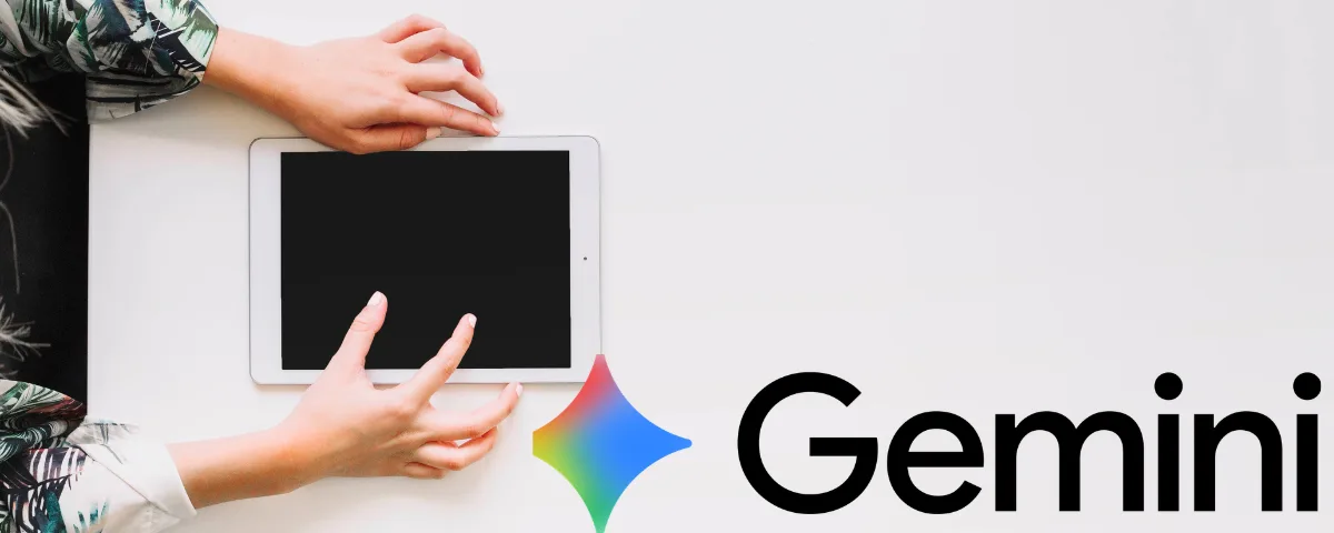 Picture of a college student holding a tablet and logo of Google Gemini