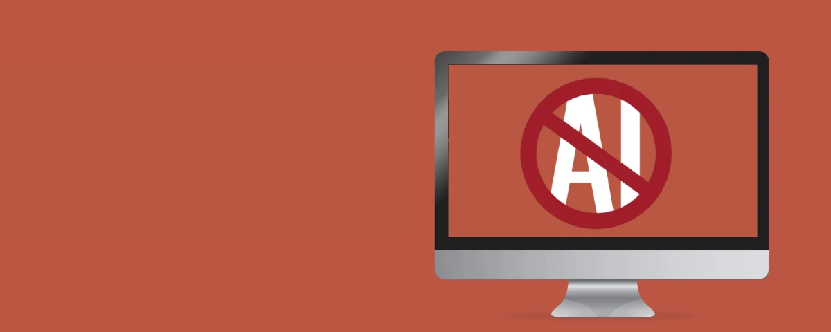Illustration of a desktop monitor displaying a crossed-out AI symbol, representing platform crackdowns on AI slop videos