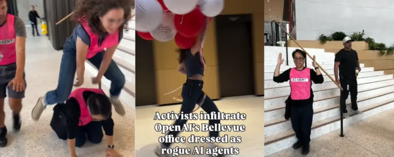 Protesters wearing pink vests labelled "AI Agent" perform a mock escape with balloons inside OpenAI's Bellevue office lobby during an absurdist anti-AI protest.