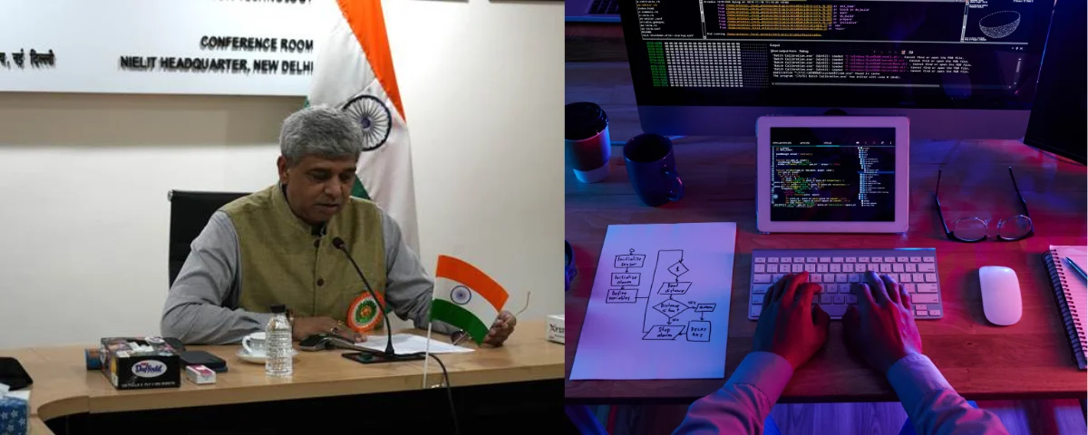 Composite image showing an official addressing a press conference in the conference room at NIELIT headquarters in New Delhi, alongside a programmer working at a terminal beside a hand-drawn flowchart.