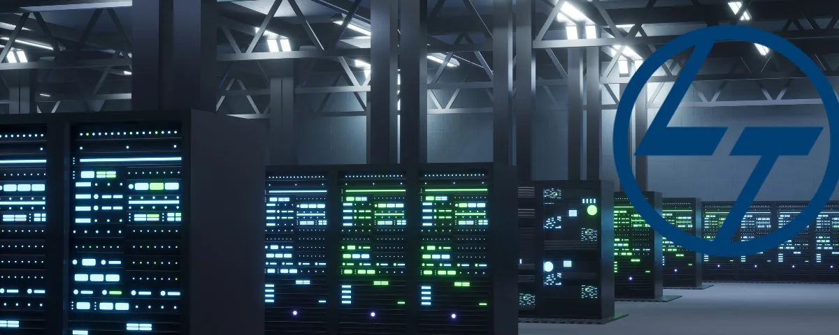 Modern data centre server hall with rows of illuminated racks and the blue L&T logo, representing Vyoma.AI’s Chennai campus for the NVIDIA B300 AI Factory project.