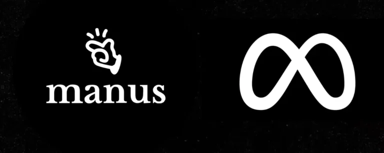 Manus AI logo and Meta logo side by side on a black background
