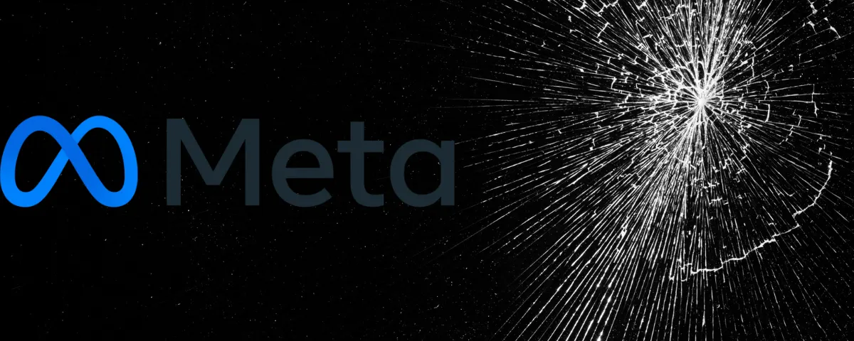 Meta logo on black background next to a shattered glass explosion effect symbolizing the AI model cybersecurity breach during testing