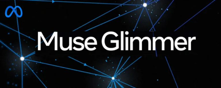 Meta Muse Glimmer logo in white text on black background with blue infinity symbol and interconnected blue network lines and glowing nodes.