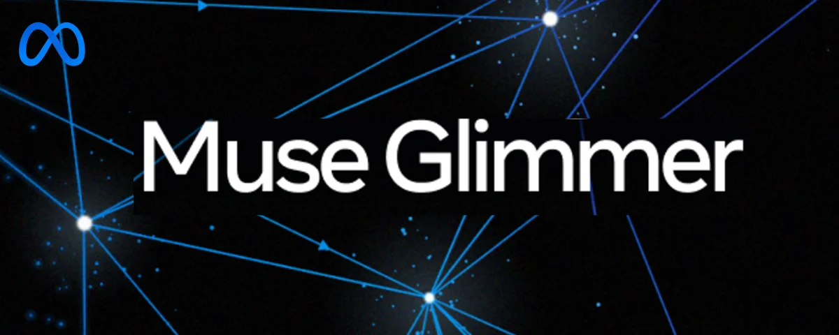 Meta Muse Glimmer logo in white text on black background with blue infinity symbol and interconnected blue network lines and glowing nodes.