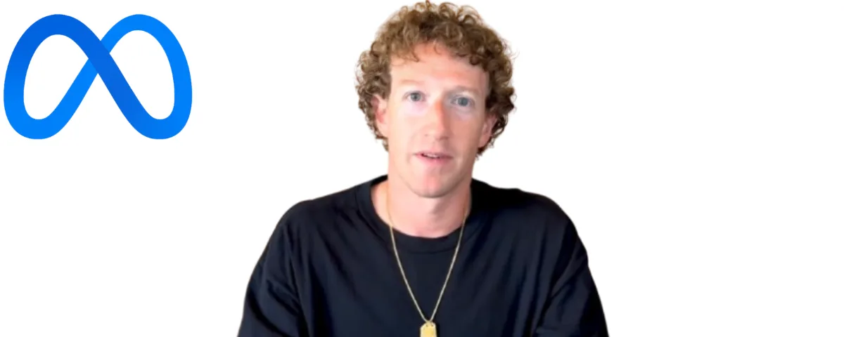 Meta CEO Mark Zuckerberg speaking to camera in a black T-shirt beside the blue Meta infinity logo