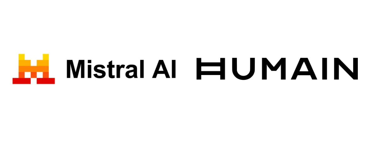 Mistral AI logo next to HUMAIN logo on white background representing the new AI partnership.
