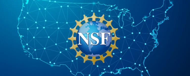 NSF logo with globe and golden gear overlaid on a blue digital network map of the United States representing AI infrastructure expansion.