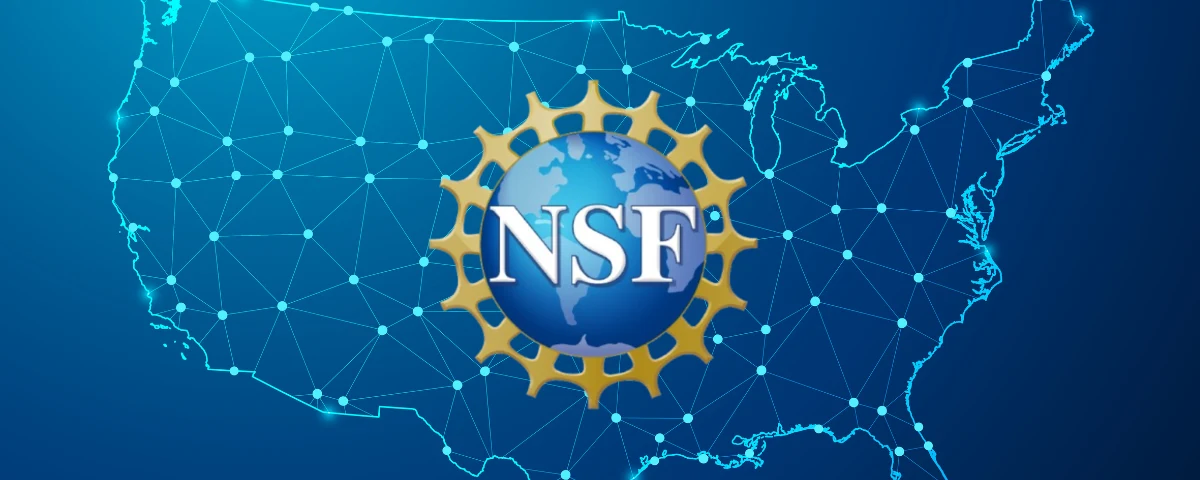 NSF logo with globe and golden gear overlaid on a blue digital network map of the United States representing AI infrastructure expansion.