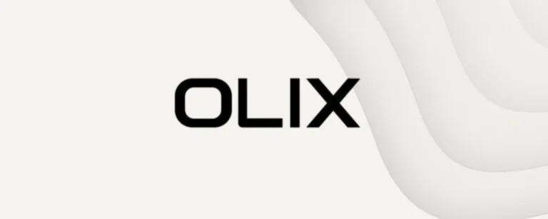 Black bold “OLIX” logo centred on a light cream background with soft abstract white wave shapes on the right side.