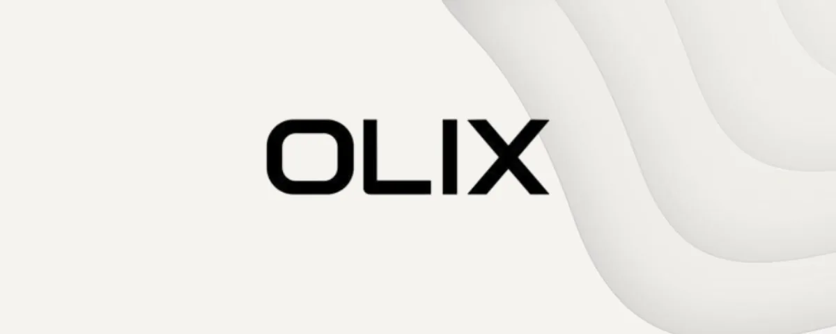 Black bold “OLIX” logo centred on a light cream background with soft abstract white wave shapes on the right side.