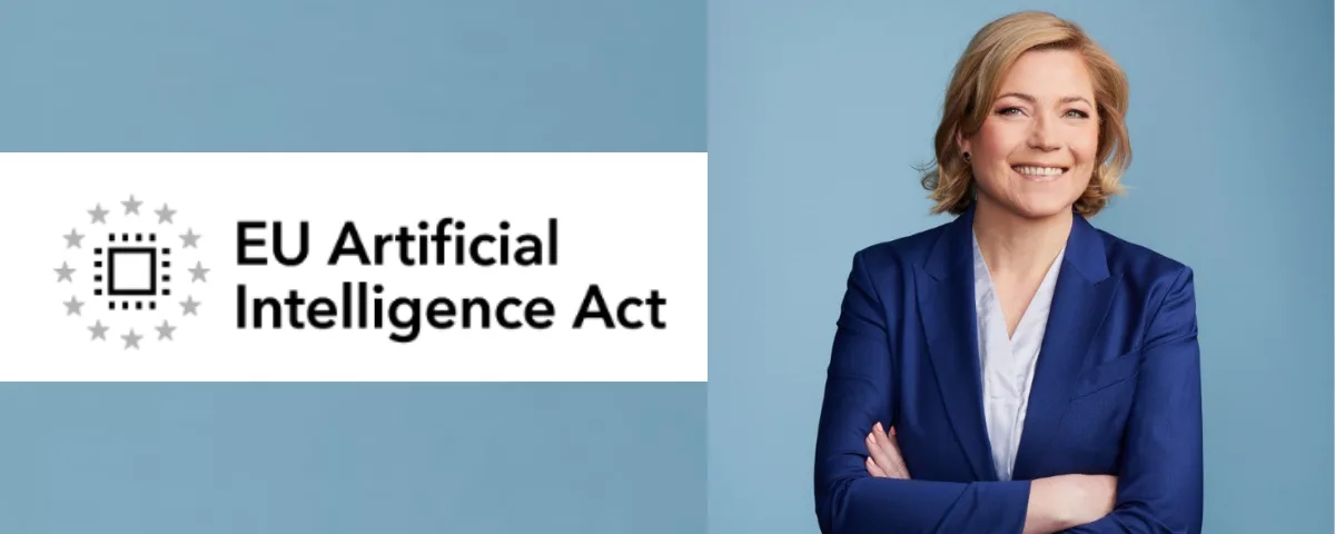 European Commission Executive Vice-President Henna Virkkunen pictured alongside the EU Artificial Intelligence Act logo.