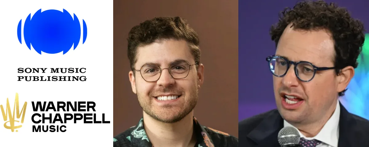 Sony Music and Warner Chappell Music logos alongside portraits of Anthropic co-founders Dario Amodei and Benjamin Mann