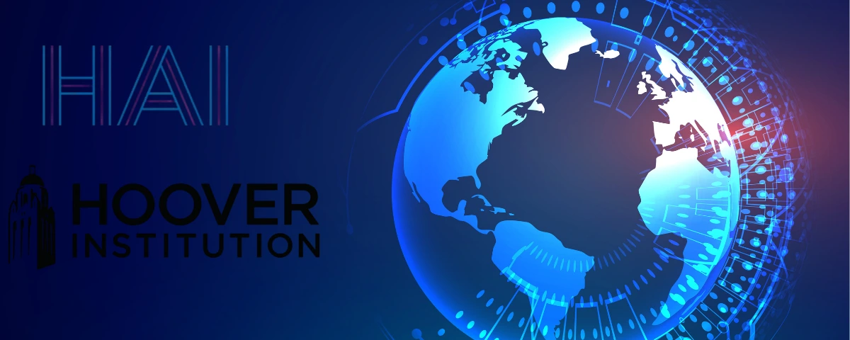 Stanford HAI and Hoover Institution logos alongside a digital globe representing AI’s impact on global security and geopolitics