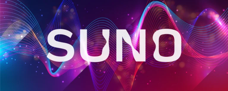 Suno logo on a neon sound-wave backdrop, illustrating Suno watermarking plans for AI-generated music