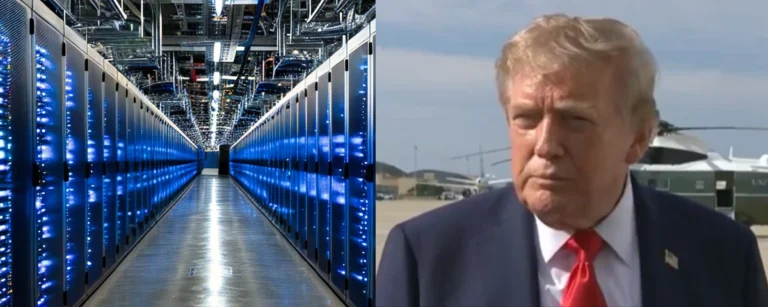 U.S. President Donald Trump speaking to reporters beside a large AI data center server room, highlighting his support for data center development and their energy requirements.
