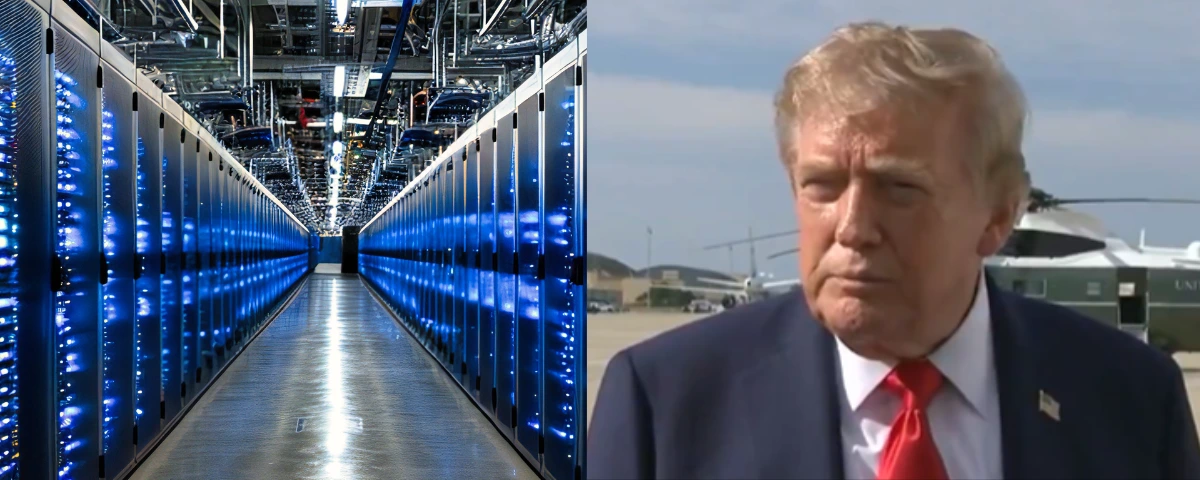 U.S. President Donald Trump speaking to reporters beside a large AI data center server room, highlighting his support for data center development and their energy requirements.