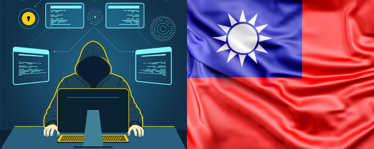 Split illustration showing a hooded hacker at a computer surrounded by glowing digital code windows and network icons on the left, and the flag of Taiwan on the right.