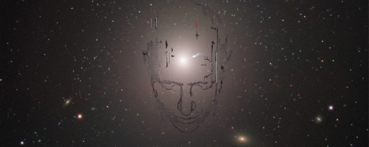 Illustration of a human head superimposed on a NASA black hole image, representing the technological singularity