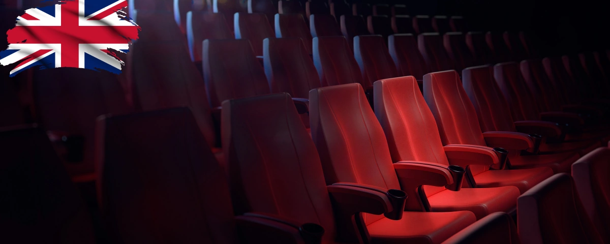 UK cinema auditorium with a graphic of the British flag, illustrating restrictions on Meta AI smart glasses over piracy concerns