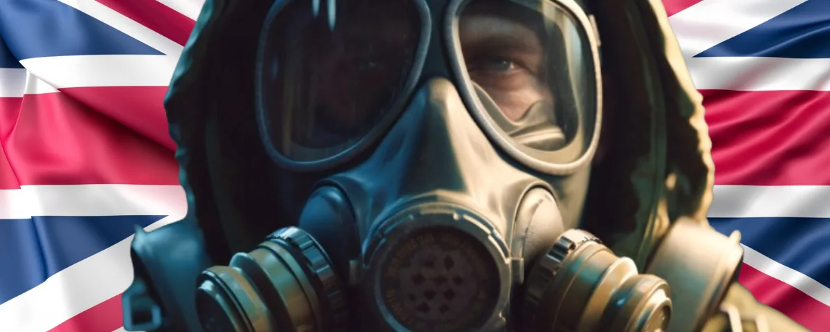 Close-up of a person wearing a full-face gas mask and hood in front of a waving Union Jack flag, illustrating UK biosecurity and AI-related bioweapon concerns.