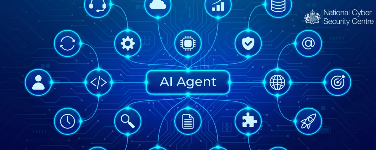 AI agent connected to networks, databases, applications and digital tools, illustrating autonomous AI systems and cybersecurity risks