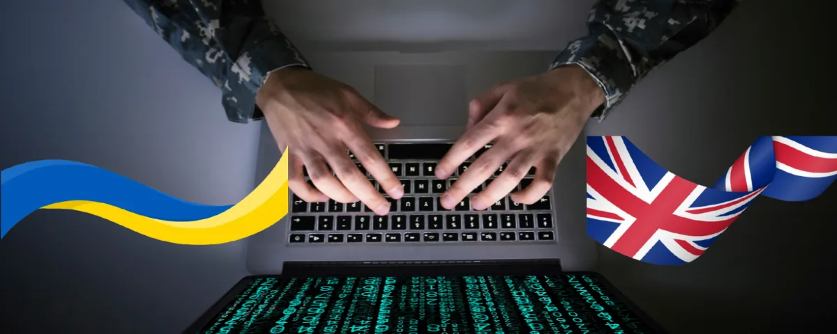 Illustration of UK and Ukraine flags surrounding a laptop displaying AI and battlefield data