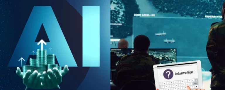 AI-themed graphic showing financial markets, military surveillance, and an information interface, representing AI risks across finance, national security, and information sectors.