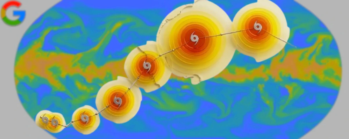 Google WeatherNext Cyclones forecast showing a tropical cyclone track with multiple storm intensity projections over a global weather map.