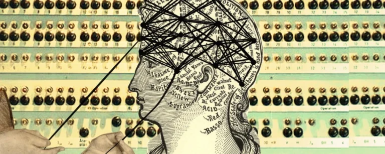 Illustration depicting a stylized human head overlaid with interconnected neural pathways against a vintage computing background, symbolizing AI, consciousness and human cognition.