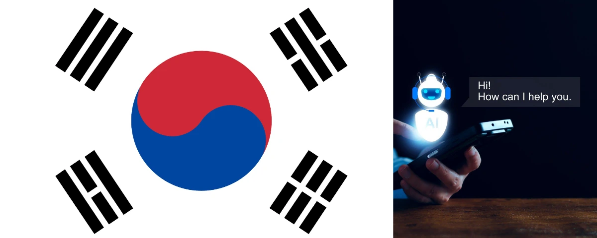 South Korean flag alongside an illustration of an AI chatbot assisting a user on a smartphone.