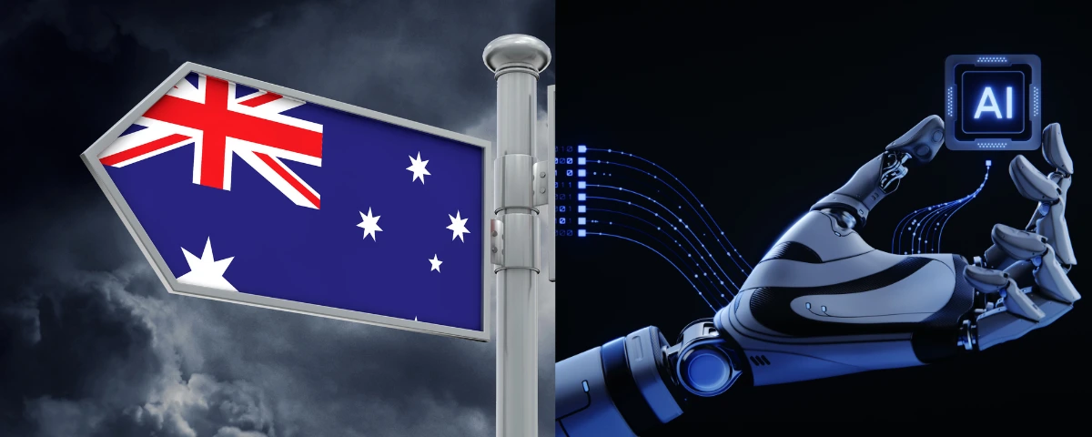 Composite illustration showing an Australian flag signpost beside a robotic hand holding an AI chip, representing Australia's focus on frontier AI and cybersecurity governance.