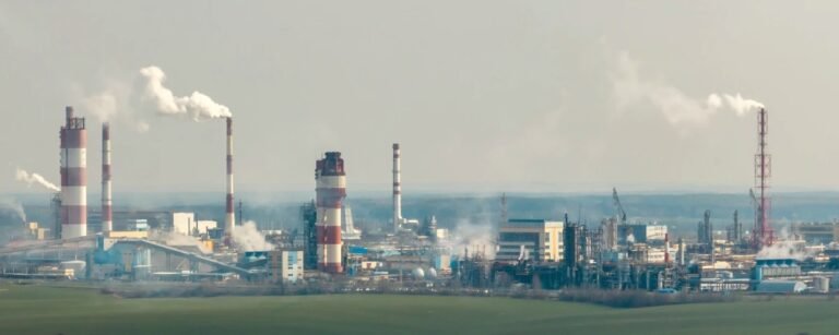Industrial oil and gas facility with multiple smokestacks and processing units emitting plumes, illustrating methane emissions and industrial greenhouse gas monitoring.