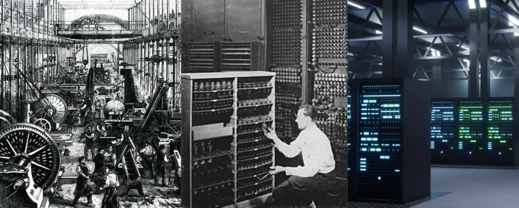 left to right..pictures depicting industrial revolution to computer invention to modern day data centers