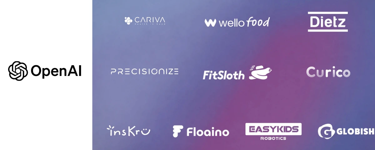 OpenAI logo alongside the logos of the 10 startups participating in the OpenAI x MHESI AI Accelerator in Thailand: CARIVA, Wello Food, Dietz, Precisionize, FitSloth, Curico, insKru, Floaino, EasyKids Robotics and Globish.