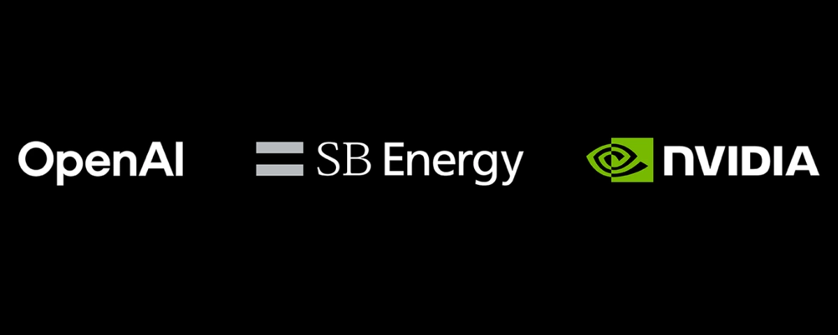 OpenAI, SB Energy and NVIDIA logos displayed together on a black background, representing their collaboration on an AI data center campus in Ohio.