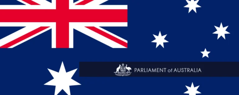 Australian flag with the Parliament of Australia logo and name, representing Australia’s parliamentary AI committee.