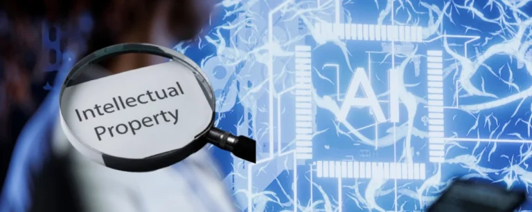 Illustration of a magnifying glass labeled “Intellectual Property” over an AI-themed digital background.