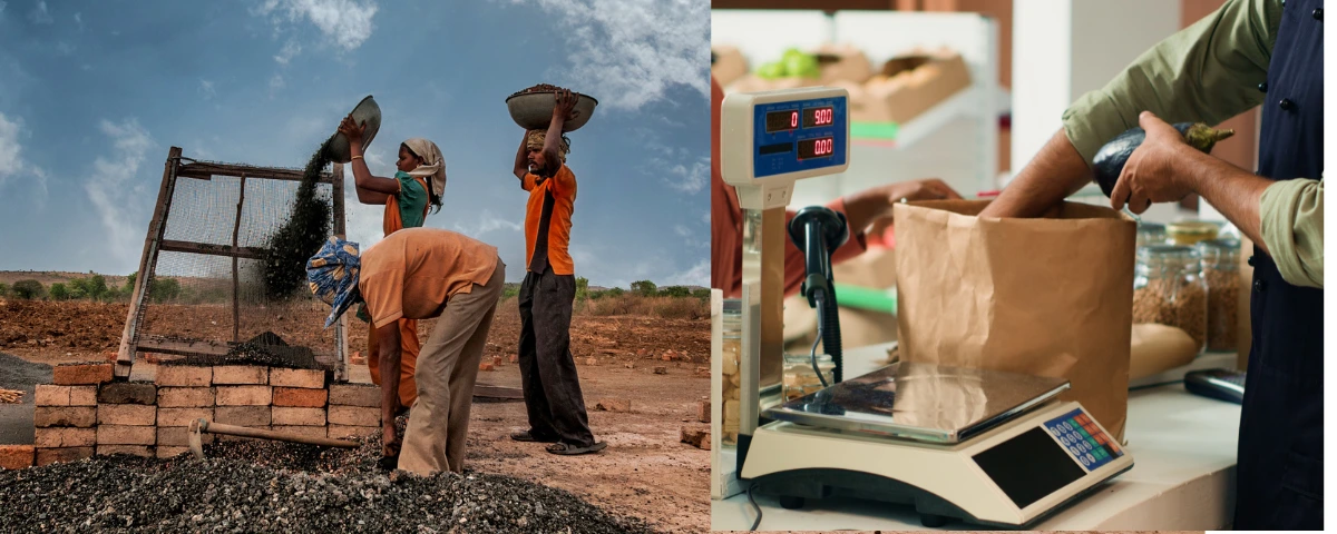 Construction workers performing physical labor at a worksite alongside a retail worker weighing and packing goods at a store counter.