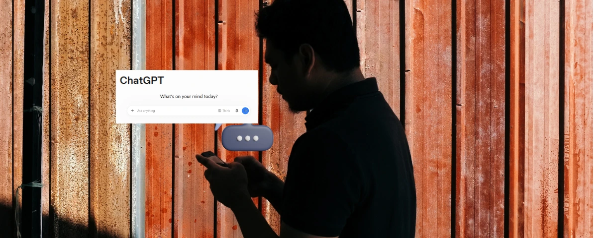 Silhouetted man using a phone with a ChatGPT interface overlay reading "What's on your mind today?" against a rusted metal wall background.