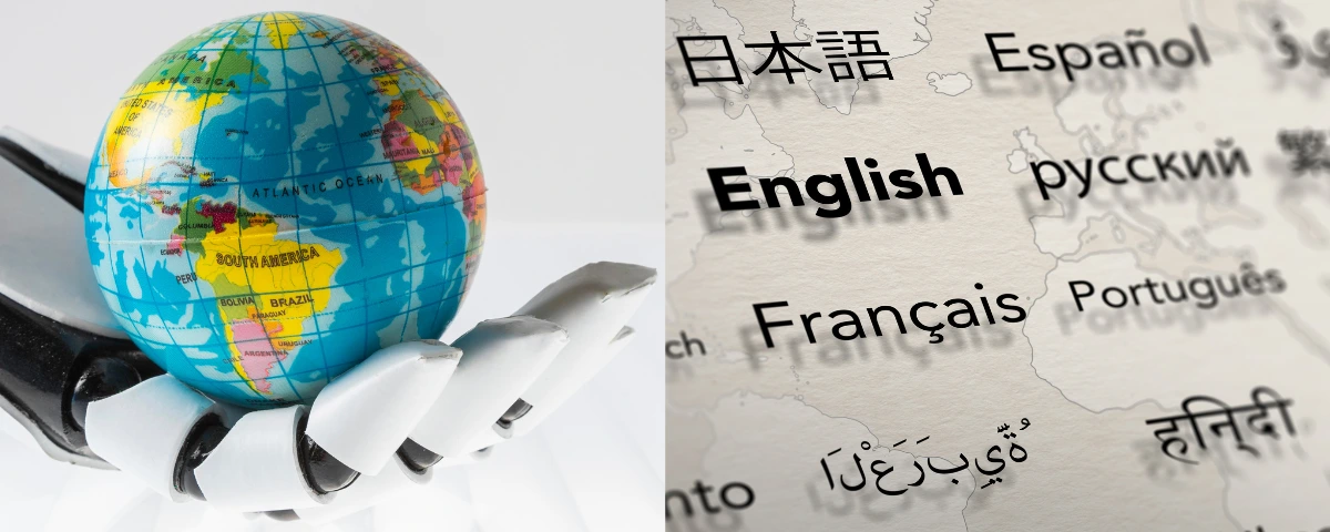 Globe held by a robotic hand alongside a map displaying multiple languages, including English, Japanese, Spanish, Russian, French, Portuguese and Hindi.