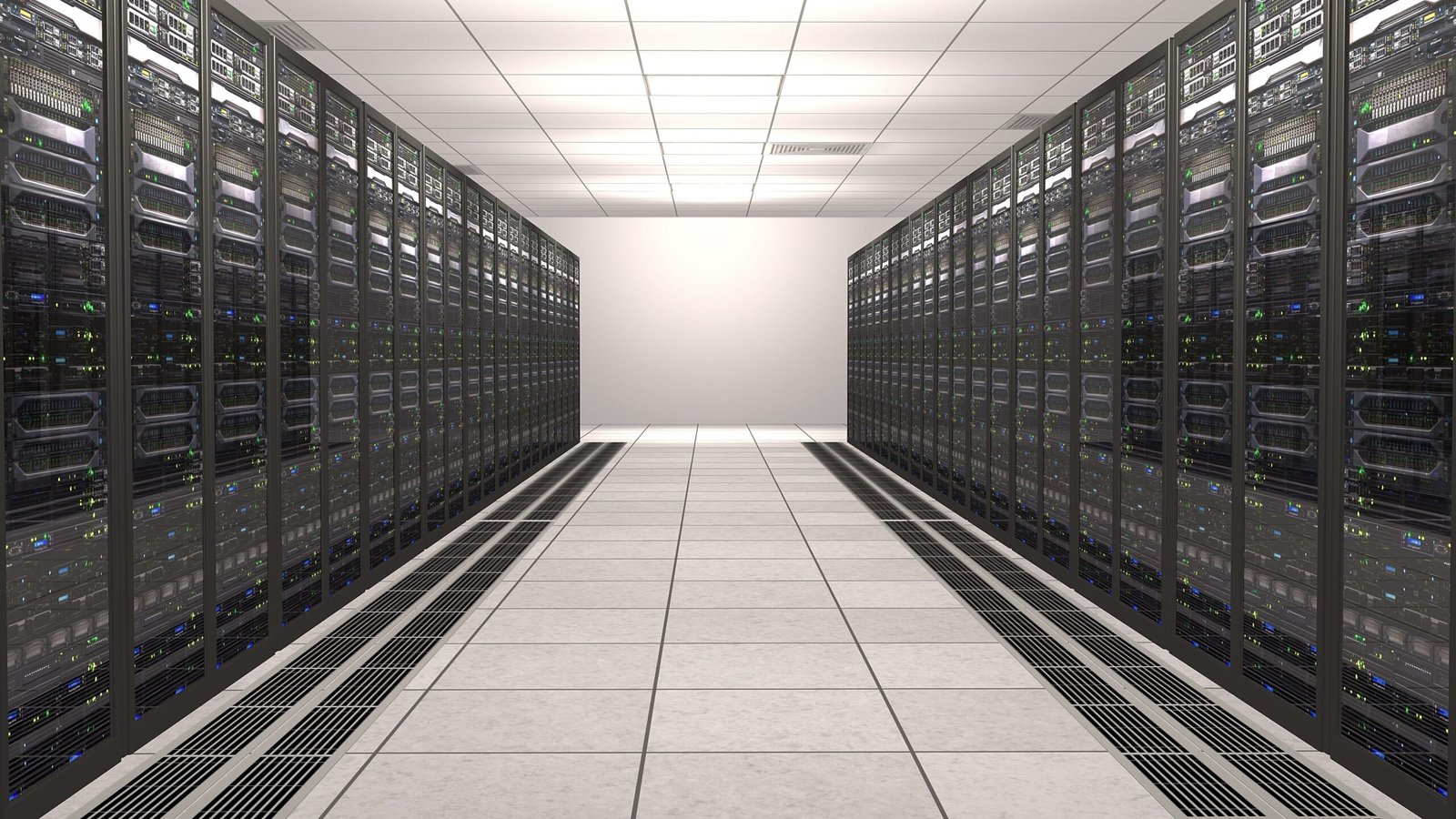 A modern data centre aisle lined with rows of black server racks on both sides, filled with blinking indicator lights and networking equipment, extending toward a bright vanishing point.