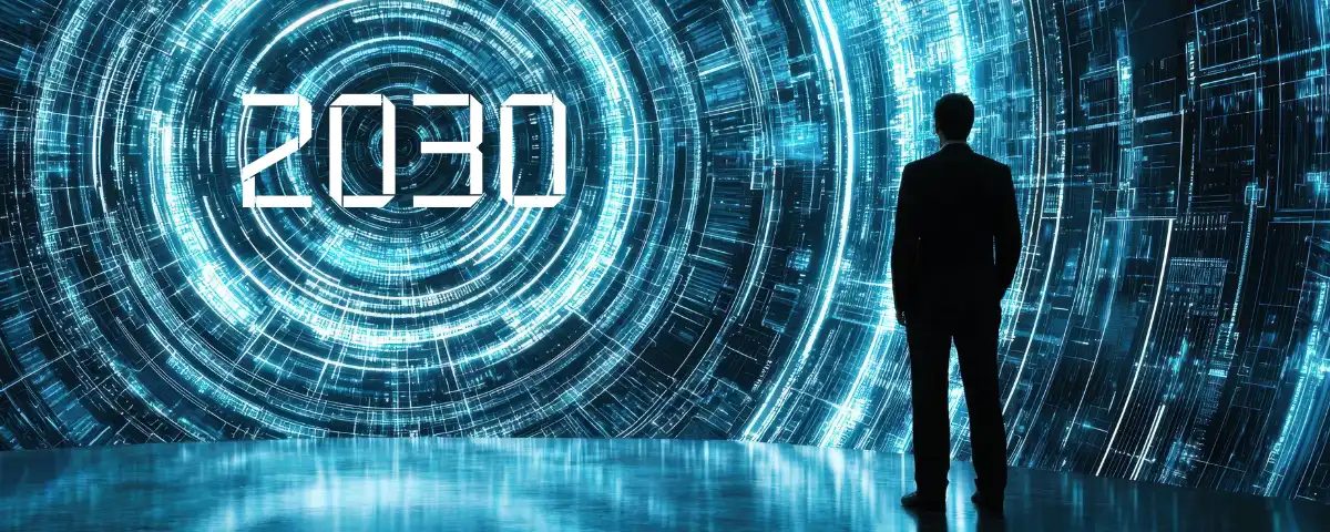 Conceptual image of a person standing before a futuristic AI interface representing the economic impact of artificial intelligence in 2030.