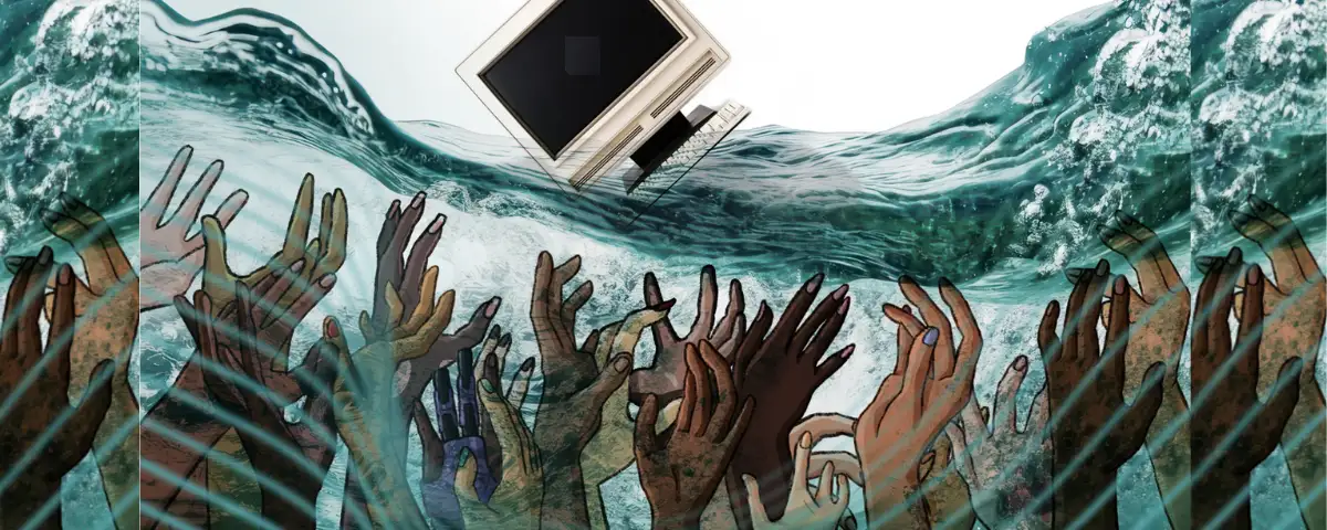 Illustration of human hands reaching toward an AI device underwater