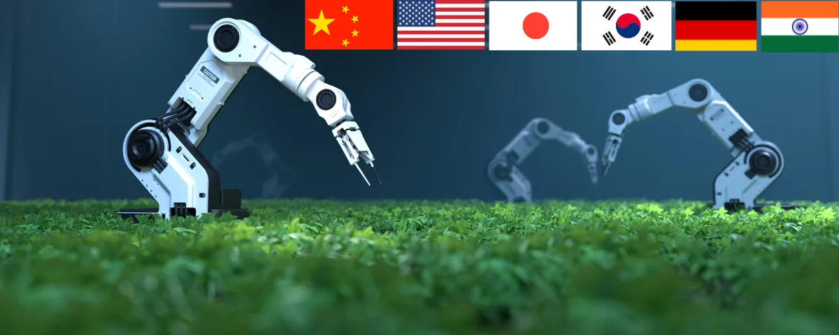 Industrial robotic arms operating over a field with flags representing China, the US, Japan, South Korea, Germany and India