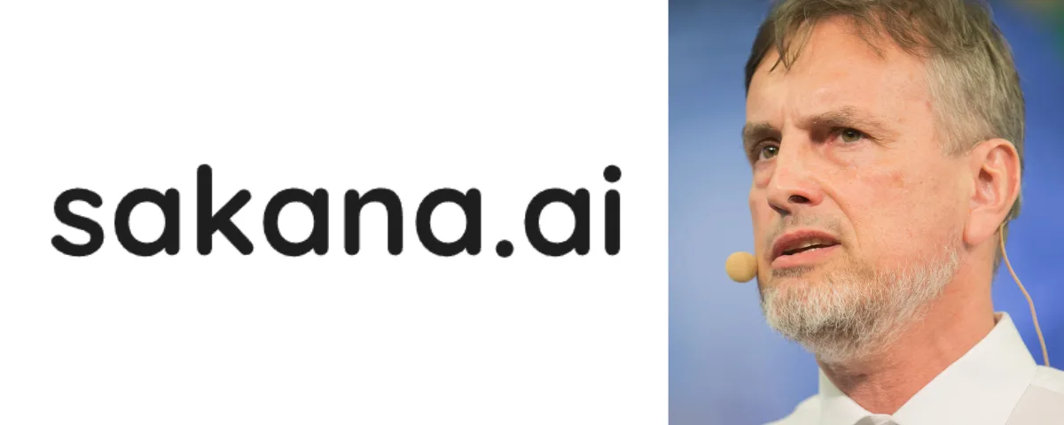 Jürgen Schmidhuber pictured alongside the Sakana AI logo.