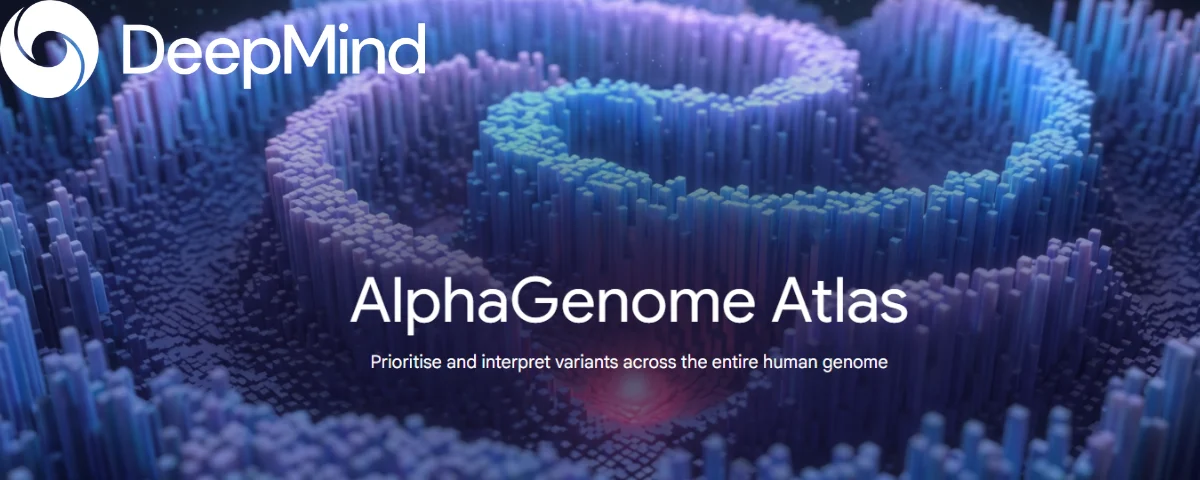 DeepMind AlphaGenome Atlas banner showing the product name over a blue and purple 3D map of the human genome, with the subtitle “Prioritise and interpret variants across the entire human genome."