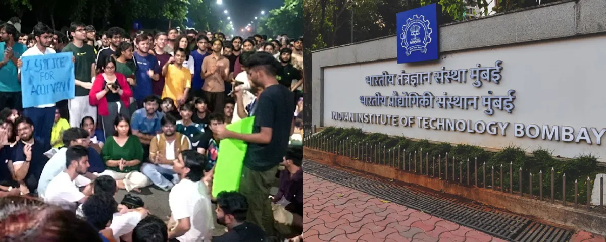 Left frame: students protesting at IIT Bombay campus on September 18 night. Right frame: a picture of Indian Institute of Technology Bombay